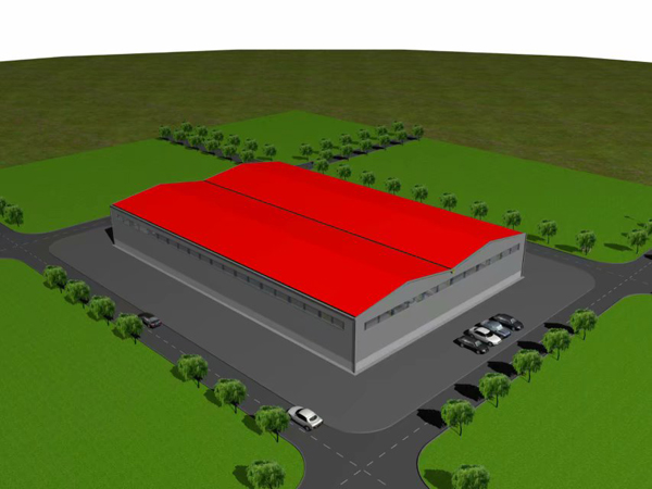 Steel warehouse with multiple roof ridges